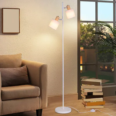 Produktbild von ZMH Stehleuchte Wohnzimmer Stehlampe Vintage - 145cm Zweiflammig E14 Standlampe Weiß Stoffschirm mit Fußschalter Retro Industrial Stoff Drehbar für Wohnzimmer Schlafzimmer (ohne Leuchtmittel)