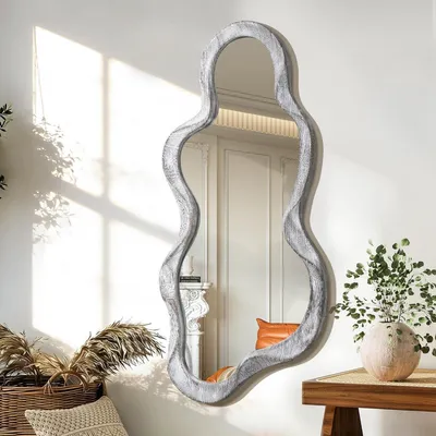 Image de Miroir mural, forme nuage, cadre en bois, asymétrique, style rustique, couleur noire, dimensions 90x50 cm