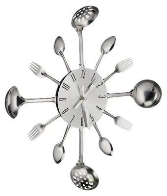 Immagine prodotto di Orologio da parete Relaxdays con posate, orologio da cucina con cucchiaio, forchetta e mestolo, Ø 40 cm, a batteria, con ticchettio, orologio a forma di posate, argento