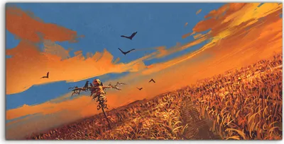 Produktbild von Coloray Acrylbild 140x70  Wandbild Acrylbilder Feld Vogelscheuche Sonnenuntergangs