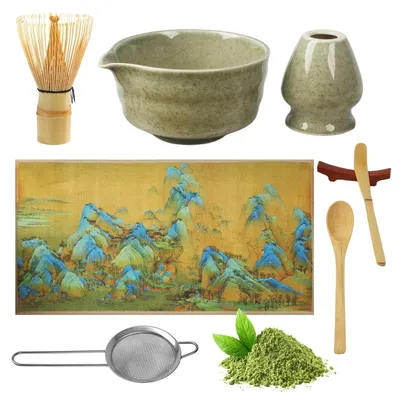 Produktbild von Matcha Tee Set 8-teilig, mit Schale, Bambusbesen, Löffel, Sieb, Halter, für die Teezeremonie