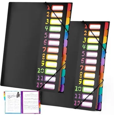 Image de Classeur A4 en plastique avec étiquettes, organiseur pour le bureau, l'école et la maison, 12 pages, lot de 2, noir