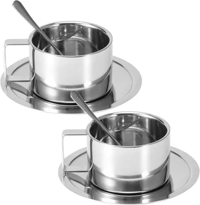 Produktbild von Edelstahl Kaffeetassen Set 200ml Doppelwandig Kaffeetassen Metall Espresso Tasse Espressotassen Isolierbecher mit L?ffel und Untertasse für Kaffee, Latte, Tee, Milch (2 Stück)