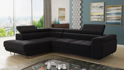 Produktbild von Ecksofa Caris mit Schlaffunktion und einstellbare Kopfstützen, Wohnlandschaft, Couchgarnitur, Bettkasten, Sofagarnitur, Couch, Sofa (Schwarz (Kronos 07), Ecksofa Links)