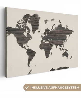 Produktbild von OneMillionCanvasses® - Leinwandbilder - 150x100 cm, Weltkarte - Braun - Holz, Wandbilder Kunstdruck Wanddekoration