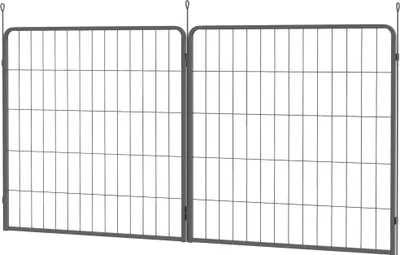 Two gray metal fence panels are shown side-by-side against a white background.