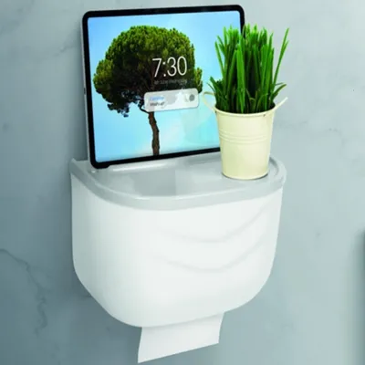 Imagen del producto de Bewello® - Soporte para papel higiénico - Soporte autoadhesivo para el inodoro - Blanco con gris - 210 x 135 x 135 mm