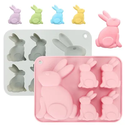 Immagine prodotto di Set da 2 stampi in silicone a forma di coniglio, ideali per Pasqua, stampi 3D per cioccolato, torte e sapone