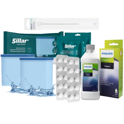 Produktbild von Sillar Pflegeset für Philips Saeco Kaffeevollautomat – 2x Wasserfilter AquaClean + Entkalker 250ml + 20 Reinigungstabletten + Reiniger