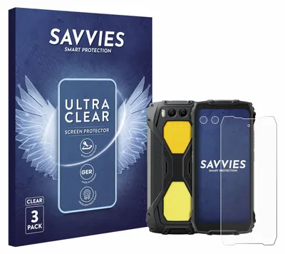 A product shot showing the packaging for screen protectors and a rugged smartphone.