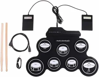 Immagine prodotto di Kit di batteria elettronica - Tappetino per batteria pieghevole - Per esercitarsi a suonare - 7 pad per batteria - 900 g - Nero