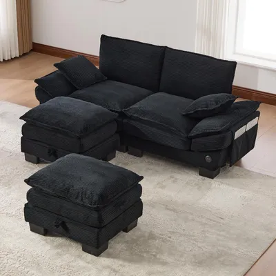Zdjęcie produktu dla Modułowa, dwuosobowa sofa tapicerowana tkaniną Cord w kolorze czarnym, z dwoma podnóżkami, portem USB-C i miejscem do przechowywania, o wymiarach 190x132x84 cm, idealna do salonu, biura lub salonu wypoczynkowego