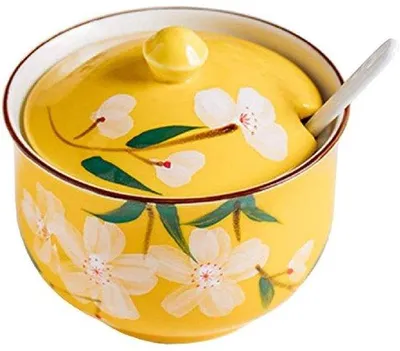 Image de Pot à herbes en céramique de 300 ml, jaune, avec couvercle et cuillère