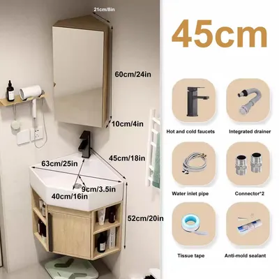 Image de Lavabo suspendu avec meuble sous-vasque et armoire à miroir, dimensions 45 cm, en MDF, avec cuve en céramique