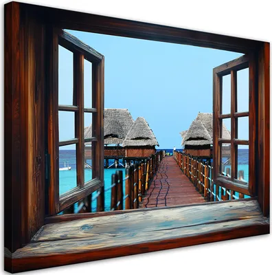 Immagine prodotto di Quadro su tela Vista dalla finestra Zanzibar Case sul mare 100x70 Feeby Braun quadro per la parete pronto per essere appeso