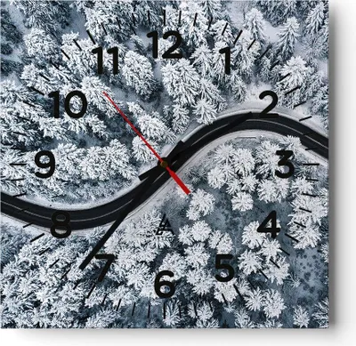Produktbild von Wanduhr - Quadrat - Glasuhr - Wald Winter Straße - 30x30cm - Schleichendes Uhrwerk - Lautlos - zum Aufhängen bereit - Dekoration Modern - Wanddekoration aus Glas - C4AC30x30-5010