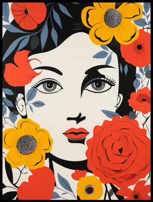 Produktbild von Poster Blumen-Aura: Frauengesicht mit roten Lippen, bunte Blumen 60x80cm