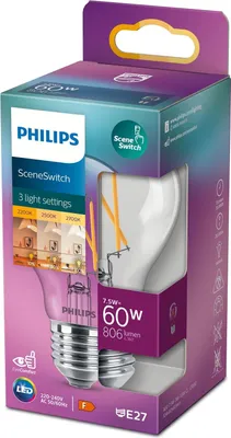 Produktbild von Philips LED Lampe LEDbulb SceneSwitch 7.5W A60 E27 klar Filament 806Lm warmweiss 2700-2200K wie 60W