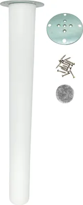 A white furniture leg and its mounting hardware are displayed against a white background.