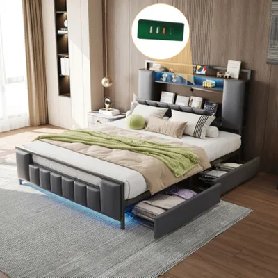 Produktbild von Polsterbett,Multifunktionsbett mit LED-Licht, mit USB-Steckdose, mit Schubladen, Bettgestell Jugendbett, Erwachsenenbett,160*200 cm