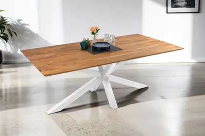 Produktbild von Esstisch 200 x 100 cm Dean, Massivholztisch Eiche, Schweizer Kante, Esszimmertisch mit Spider-Gestell aus Metall Weiß, pflegeleichter Holztisch
