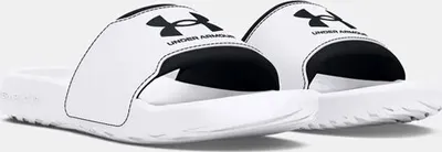 A pair of white Under Armour slides with black logos and trim, shown against a white background.