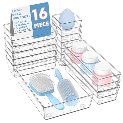 Produktbild von Schubladen-Organizer Schubladeneinteiler Aufbewahrungsbox - 16 Stück - 4 Größen - Transparent Kunststoff - Stapelbar