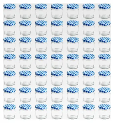 Produktbild von 50 Mini Marmeladengläser 50 ml mit blau kariertem Deckel | kleine Einmachgläser mit Schraubdeckel | leere Gläser für Marmelade | 50 Stück