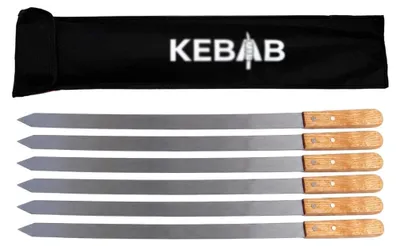 Produktbild von 6 ADANA Grillspieße für Kebab aus Edelstahl mit Holzgriff und Textiltasche 60cm × 2,5 × 2mm