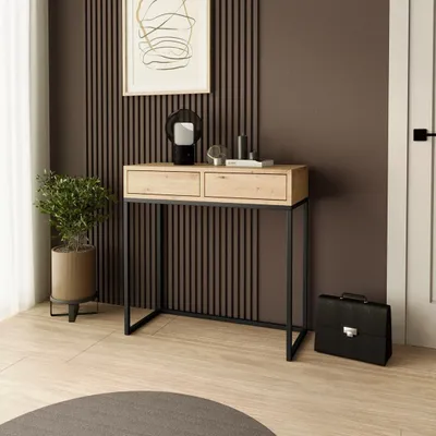 Image de SofaStyle Console LANGO 80 cm - Console à 2 tiroirs, coiffeuse, chêne Artisan avec pieds métalliques noirs