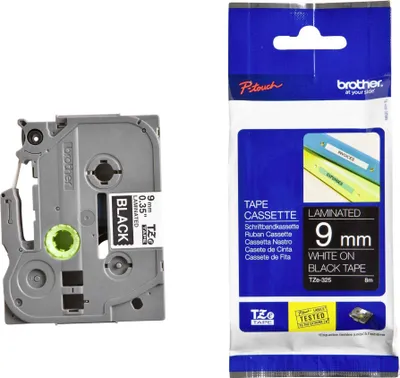 Immagine prodotto di Brother TZe-325 - adesivo standard - bianco su nero - rotolo (0,9 cm x 8 m) 1 cassetta/e nastro laminato - per Brother PT-D210, D600, H110; P-Touch PT-1005, 1880, E800, H110; P-Touch Cube Plus PT-P710