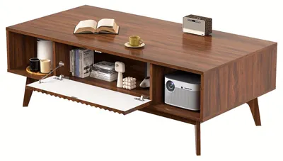 Image de Table basse – Table d'appoint avec espace de rangement – Design en bois de noyer – 2 tiroirs et 2 compartiments ouverts – 100 cm