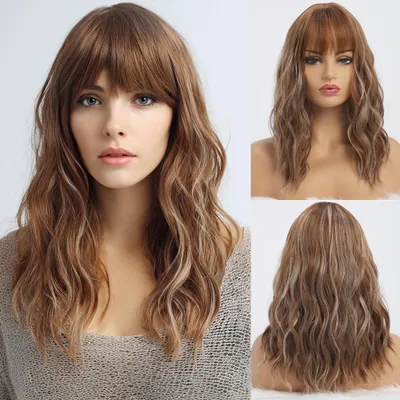 Image de Perruque d'apparence naturelle - Cheveux ondulés de longueur moyenne - Résistante à la chaleur - Blond foncé avec mèches - 40 cm - Fibres synthétiques de haute qualité - Pièce de cheveux