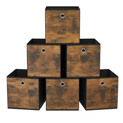 A stack of six fabric storage boxes with a wood-grain pattern.