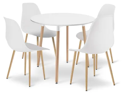 Image de Ensemble Repas - Leobert - Kami - Blanc/Pieds Naturels - 80 Cm - 5 Pièces