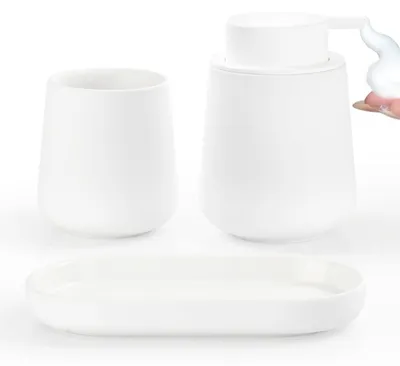 Productafbeelding van Badkamer set, 3-delig, wit, keramiek: zeepdispenser (350 ml), tandenborstelbeker (320 ml), zeepbakje