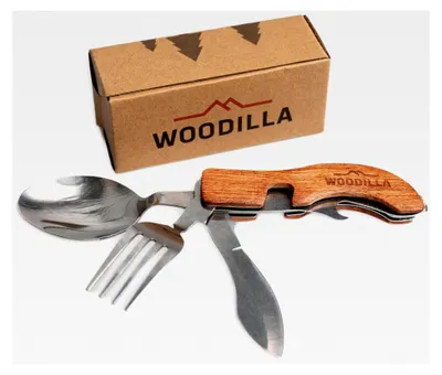 Produktbild von Campingbesteck - Klappbesteck aus Edelstahl und Holz, 4-teiliges Set mit Messer, Gabel, Löffel und Flaschenöffner