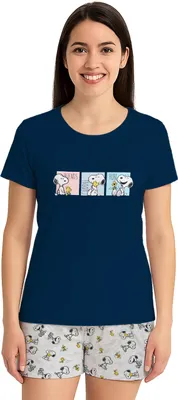 Produktbild von The Peanuts Snoopy Schlafanzug für Damen - Pyjama Set Kurzarm Oberteil mit Shorts Blau/Grau XL