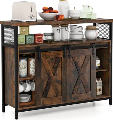 Produktbild von GOPLUS Sideboard Küche, Buffetschrank mit Schiebetüren & verstellbare Ablagen, Küchenschrank Aufbewahrungsschrank für Wohnzimmer & Küche, 100 x 33 x 80 cm, Vintage Braun
