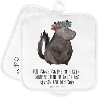 Produktbild von Mr. & Mrs. Panda 2er Set Topflappen  Stinktier Mädchen - Weiß - Geschenk, Wildtier, topfhalter, Skunk, Ofenlappen, Namaste, Raubtier, Kochlappen, Yoga, Topfuntersetzer