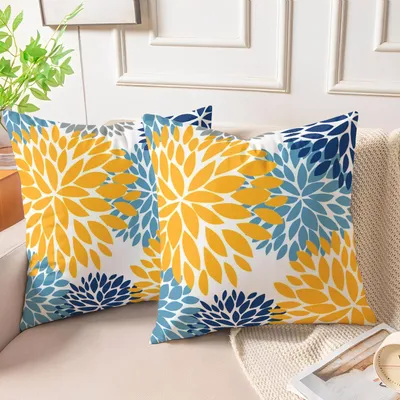 Productafbeelding van Set van 2 fluwelen kussenhoezen, mosterdgeel en blauw, 45 x 45 cm, decoratieve kussens voor de bank, kussenhoezen