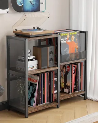 Imagen del producto de Estantería para discos con espacio de almacenamiento, estantería metálica para más de 200 álbumes, de 3 niveles, de madera, color , ideal para salones