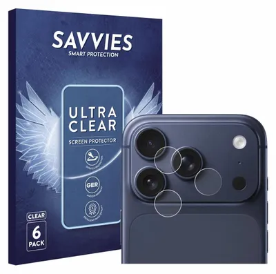A product box for screen protectors is shown next to a smartphone with camera lens protectors applied.