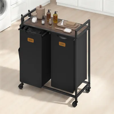 Produktbild von VASAGLE Wäschekorb, Wäschesammler, Wäschesortierer, Rollen, Wäschewagen mit Ablage, kleine seitliche Taschen, 6 Etiketten, 2 Fächer, 100 L