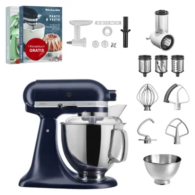 Produktbild von KitchenAid 4,8 L 5KSM175 Artisan Küchenmaschine Set 3 Gemüseschneider+Fleischwolf+Spritzge Tintenblau