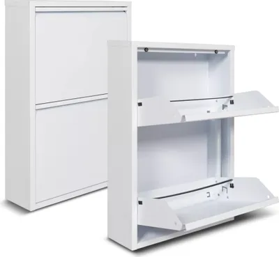 Two white metal shoe cabinets are shown against a white background. One cabinet is closed and shows two doors. The other cabinet is open, revealing two flip-down compartments.