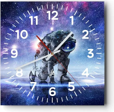 Produktbild von Wanduhr - Quadrat - Glasuhr - Kosmonaut Weltraum - 30x30cm - Schleichendes Uhrwerk - Lautlos - zum Aufhängen bereit - Dekoration Modern - Wanddekoration aus Glas - C4AC30x30-3985