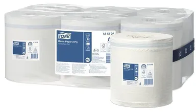 A multi-pack of Tork paper towel rolls, with one roll in the foreground.