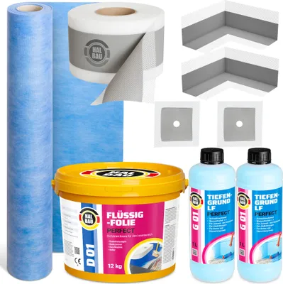 Produktbild von Dichtset Flüssigfolie 12kg Dichtband Ecken Manschetten Dichtbahn Tiefgrund H35