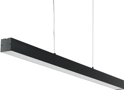 A black linear LED pendant light fixture is shown suspended by thin wires against a white background.